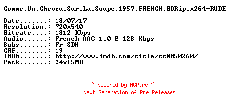 NFO for the release Comme.Un.Cheveu.Sur.La.Soupe.1957.FRENCH.BDRip.x264-RUDE by RUDE