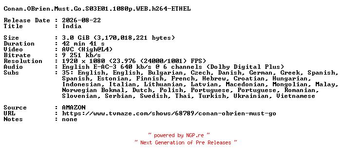 NFO for the release Conan.OBrien.Must.Go.S03E01.1080p.WEB.h264-ETHEL by ETHEL