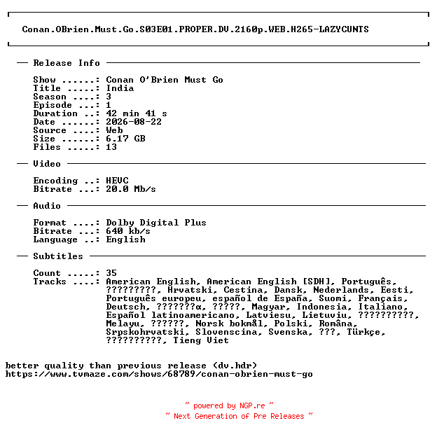 NFO for the release Conan.OBrien.Must.Go.S03E01.PROPER.DV.2160p.WEB.H265-LAZYCUNTS by LAZYCUNTS