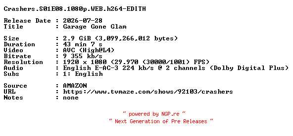 NFO for the release Crashers.S01E08.1080p.WEB.h264-EDITH by EDITH