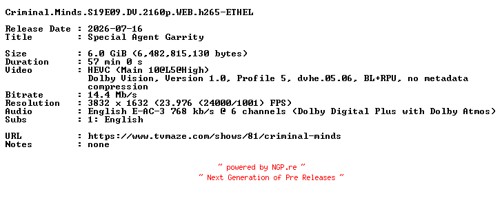 NFO for the release Criminal.Minds.S19E09.DV.2160p.WEB.h265-ETHEL by ETHEL