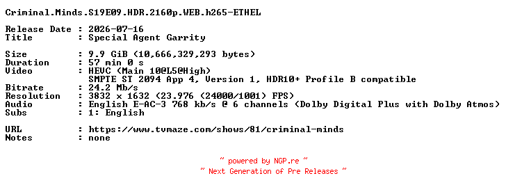 NFO for the release Criminal.Minds.S19E09.HDR.2160p.WEB.h265-ETHEL by ETHEL