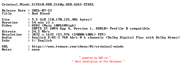 NFO for the release Criminal.Minds.S19E10.HDR.2160p.WEB.h265-ETHEL by ETHEL