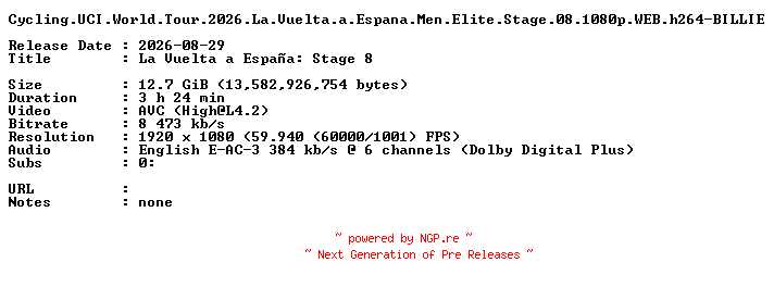 NFO for the release Cycling.UCI.World.Tour.2026.La.Vuelta.a.Espana.Men.Elite.Stage.08.1080p.WEB.h264-BILLIE by BILLIE
