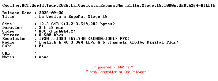 NFO for the release Cycling.UCI.World.Tour.2026.La.Vuelta.a.Espana.Men.Elite.Stage.15.1080p.WEB.h264-BILLIE by BILLIE
