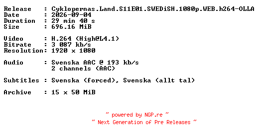 NFO for the release Cyklopernas.Land.S11E01.SWEDiSH.1080p.WEB.h264-OLLA by OLLA