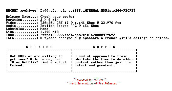 NFO for the release Daddy.Long.Legs.1955.iNTERNAL.BDRip.x264-REGRET by REGRET