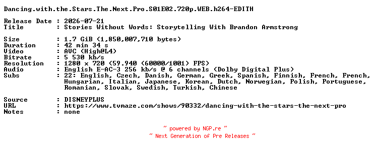 NFO for the release Dancing.with.the.Stars.The.Next.Pro.S01E02.720p.WEB.h264-EDITH by EDITH