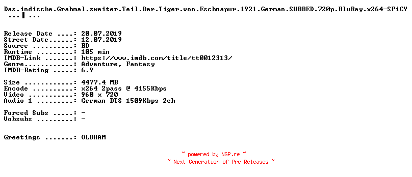 NFO for the release Das.indische.Grabmal.zweiter.Teil.Der.Tiger.von.Eschnapur.1921.German.SUBBED.720p.BluRay.x264-SPiCY by SPiCY