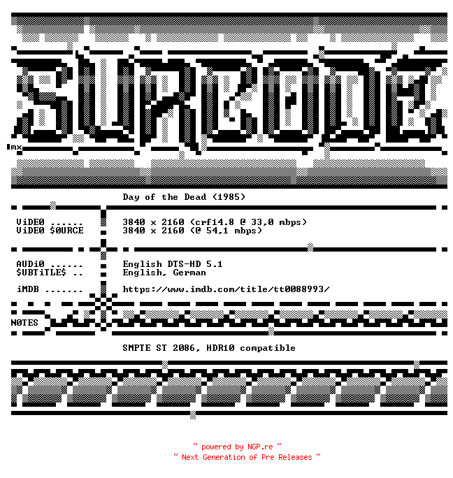 NFO for the release Day.of.the.Dead.1985.OM.2160p.UHD.BluRay.x265-SURCODE by SURCODE