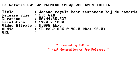 NFO for the release De.Notaris.S01E02.FLEMISH.1080p.WEB.h264-TRIPEL by TRIPEL