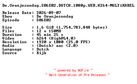 NFO for the release De.Oranjezondag.S06E02.DUTCH.1080p.WEB.H264-MULTiKABEL by MULTiKABEL