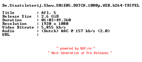 NFO for the release De.Staatsloterij.Show.S01E05.DUTCH.1080p.WEB.h264-TRIPEL by TRIPEL