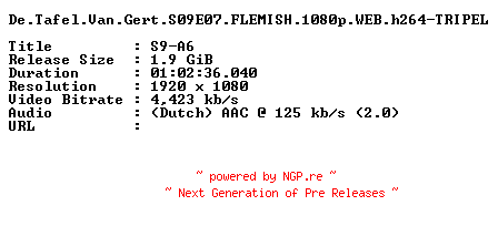 NFO for the release De.Tafel.Van.Gert.S09E07.FLEMISH.1080p.WEB.h264-TRIPEL by TRIPEL