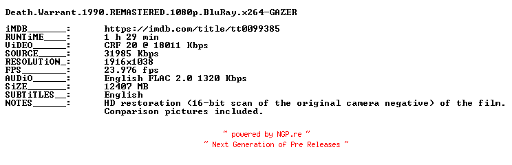 NFO for the release Death.Warrant.1990.REMASTERED.1080p.BluRay.x264-GAZER by GAZER