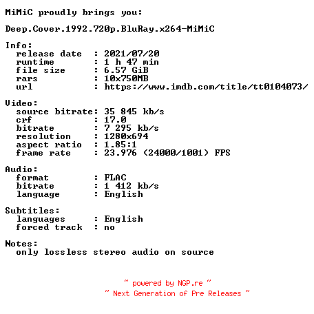 NFO for the release Deep.Cover.1992.720p.BluRay.x264-MiMiC by MiMiC