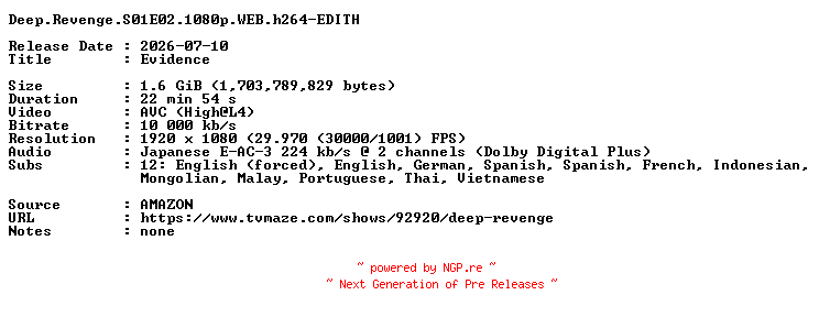 NFO for the release Deep.Revenge.S01E02.1080p.WEB.h264-EDITH by EDITH