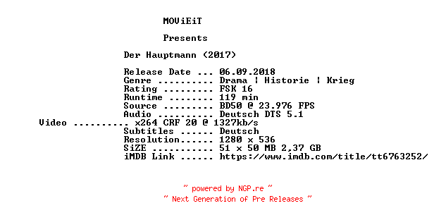 NFO for the release Der.Hauptmann.2017.German.720p.BluRay.x264-MOViEiT by MOViEiT