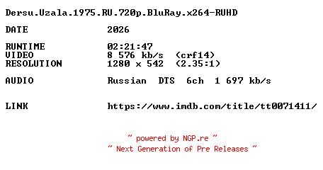 NFO for the release Dersu.Uzala.1975.RU.720p.BluRay.x264-RUHD by RUHD
