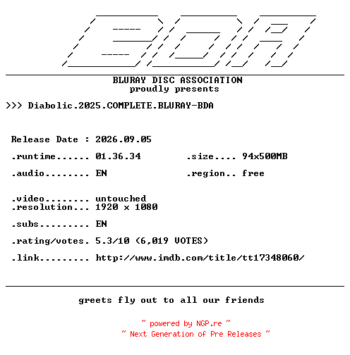 NFO for the release Diabolic.2025.COMPLETE.BLURAY-BDA by BDA