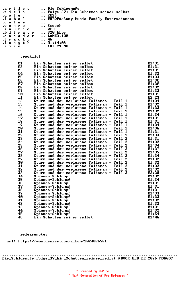 NFO for the release Die_Schluempfe-Folge_37_Ein_Schatten_seiner_selbst-ABOOK-WEB-DE-2026-MONGOS by MONGOS