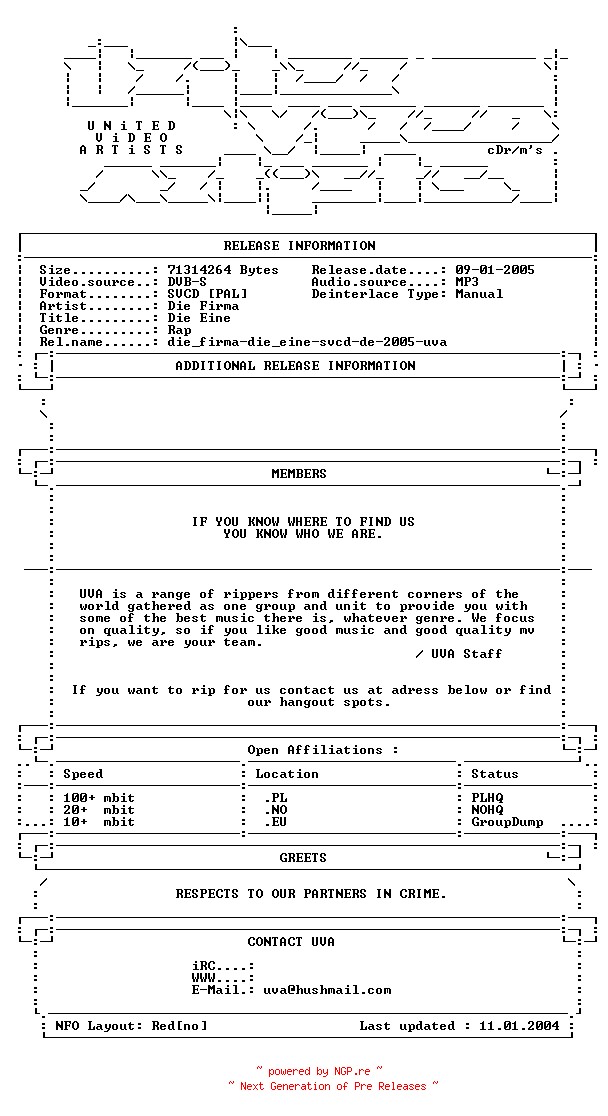 NFO for the release Die_firma-die_eine-svcd-de-2005-uva by uva