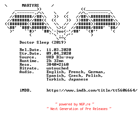 NFO for the release Doctor.Sleep.2019.MULTi.COMPLETE.UHD.BLURAY.INTERNAL-MARTYRS by MARTYRS