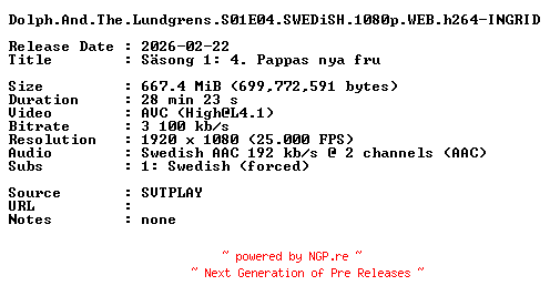 NFO for the release Dolph.And.The.Lundgrens.S01E04.SWEDiSH.1080p.WEB.h264-INGRID by INGRID