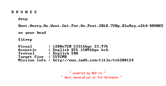 NFO for the release Dont.Worry.He.Wont.Get.Far.On.Foot.2018.720p.BluRay.x264-DRONES by DRONES