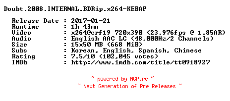 NFO for the release Doubt.2008.INTERNAL.BDRip.x264-KEBAP by KEBAP