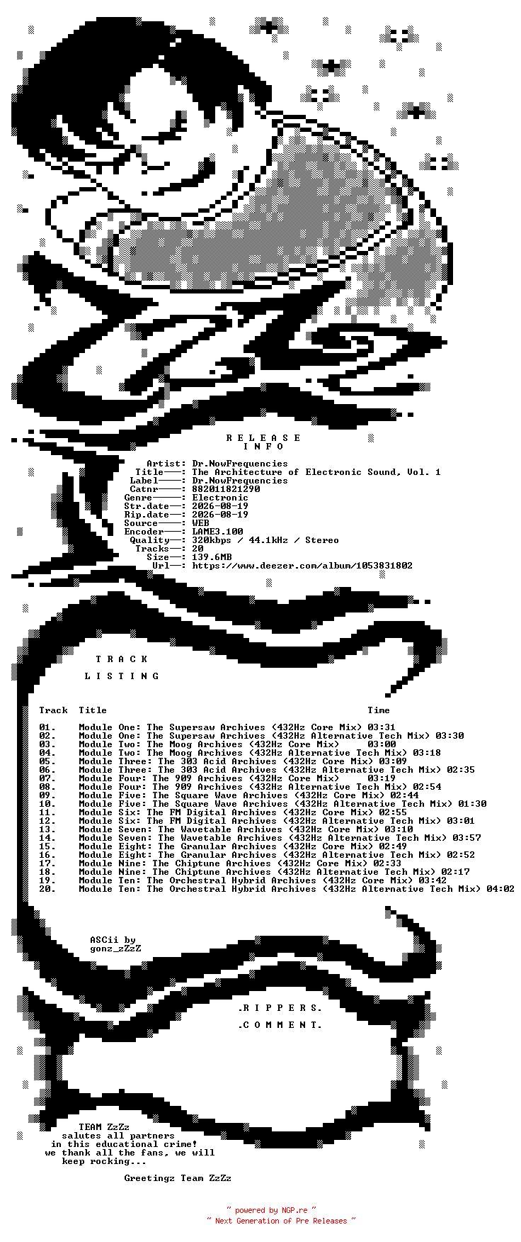 NFO for the release Dr.NowFrequencies_-_The_Architecture_of_Electronic_Sound_Vol_1-(882011821290)-WEB-2026-ZzZz by ZzZz