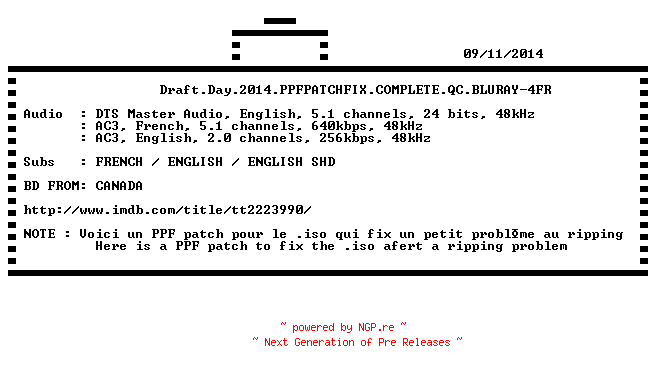 NFO for the release Draft.Day.2014.PPFPATCHFIX.COMPLETE.QC.BLURAY-4FR by 4FR
