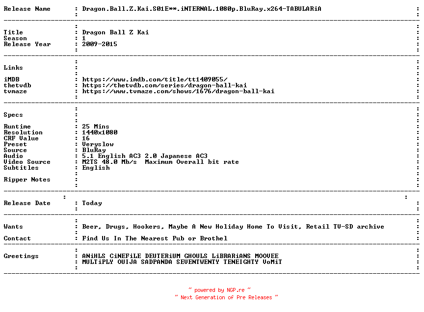 NFO for the release Dragon.Ball.Z.Kai.S01E20.iNTERNAL.1080p.BluRay.x264-TABULARiA by TABULARiA