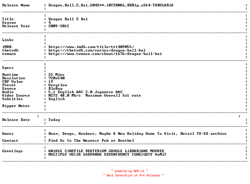 NFO for the release Dragon.Ball.Z.Kai.S04E16.iNTERNAL.BDRip.x264-TABULARiA by TABULARiA