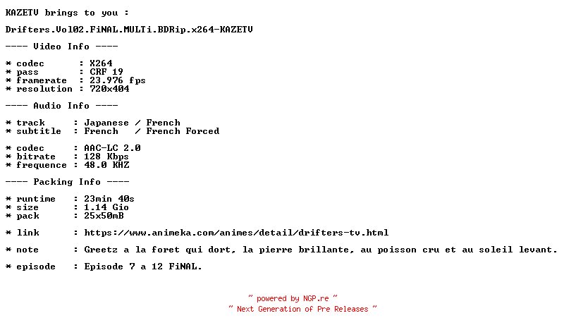 NFO for the release Drifters.VOL02.FiNAL.MULTi.BDRip.x264-KAZETV by KAZETV