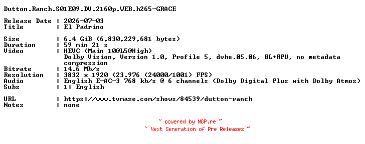 NFO for the release Dutton.Ranch.S01E09.DV.2160p.WEB.h265-GRACE by GRACE