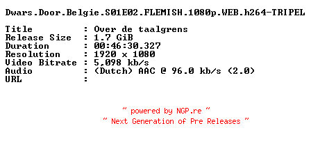 NFO for the release Dwars.Door.Belgie.S01E02.FLEMISH.1080p.WEB.h264-TRIPEL by TRIPEL