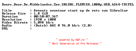 NFO for the release Dwars.Door.De.Middelandse.Zee.S01E01.FLEMISH.1080p.WEB.h264-TRIPEL by TRIPEL