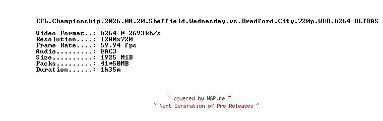 NFO for the release EFL.Championship.2026.08.20.Sheffield.Wednesday.vs.Bradford.City.720p.WEB.h264-ULTRAS by ULTRAS