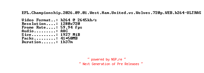 NFO for the release EFL.Championship.2026.09.01.West.Ham.United.vs.Wolves.720p.WEB.h264-ULTRAS by ULTRAS