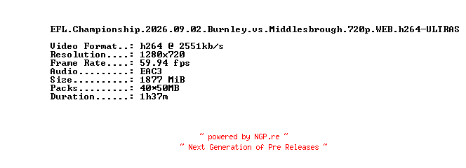 NFO for the release EFL.Championship.2026.09.02.Burnley.vs.Middlesbrough.720p.WEB.h264-ULTRAS by ULTRAS