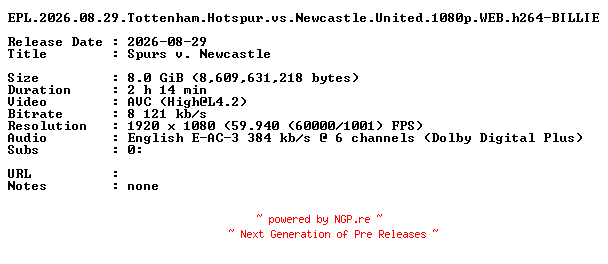 NFO for the release EPL.2026.08.29.Tottenham.Hotspur.vs.Newcastle.United.1080p.WEB.h264-BILLIE by BILLIE