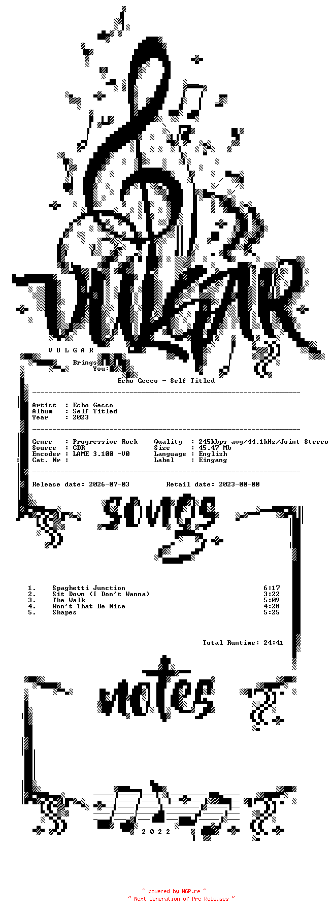 NFO for the release Echo_Gecco-Self_Titled-Sampler-CDR-2023-VULGAR by VULGAR