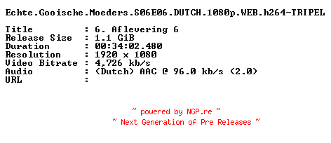NFO for the release Echte.Gooische.Moeders.S06E06.DUTCH.1080p.WEB.h264-TRIPEL by TRIPEL