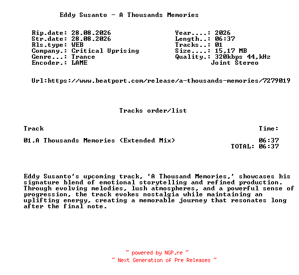 NFO for the release Eddy_Susanto_-_A_Thousands_Memories-(CSR779)-SINGLE-WEB-2026-FMC by FMC