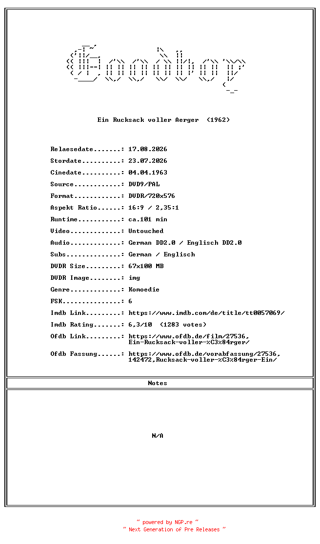 NFO for the release Ein.Rucksack.voller.Aerger.GERMAN.1962.DL.COMPLETE.PAL.DVD9-Goodboy by Goodboy