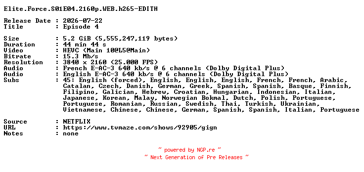 NFO for the release Elite.Force.S01E04.2160p.WEB.h265-EDITH by EDITH