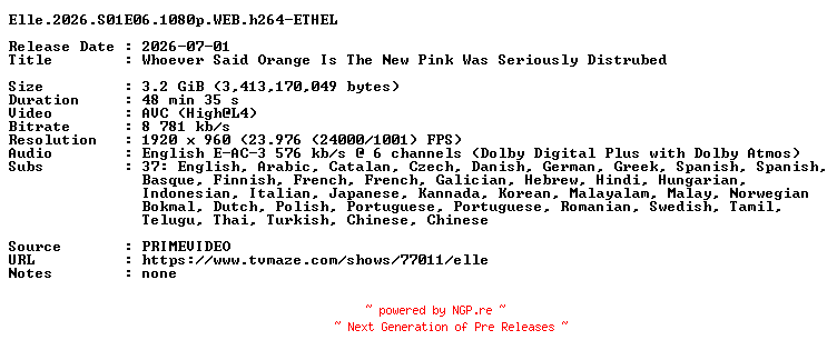 NFO for the release Elle.2026.S01E06.1080p.WEB.h264-ETHEL by ETHEL