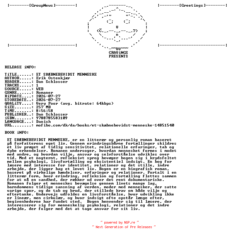 NFO for the release Erik_Oestenkjaer_-_Et_Skaebnebevidst_Menneske-AUDiOBOOK-WEB-DK-2026-CRAViNGS_iNT by CRAViNGS_iNT