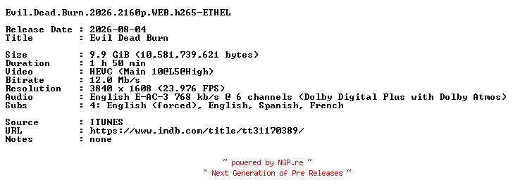 NFO for the release Evil.Dead.Burn.2026.2160p.WEB.h265-ETHEL by ETHEL